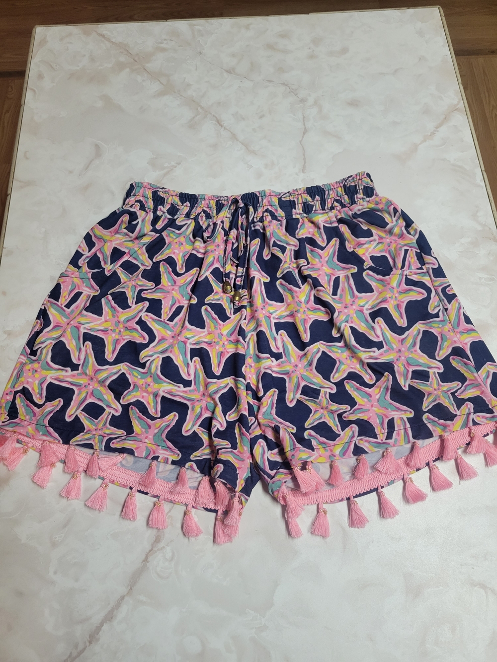 Simply Southern Tassel Shorts Starfish Women’s S/M Navy Pink Beach Coastal